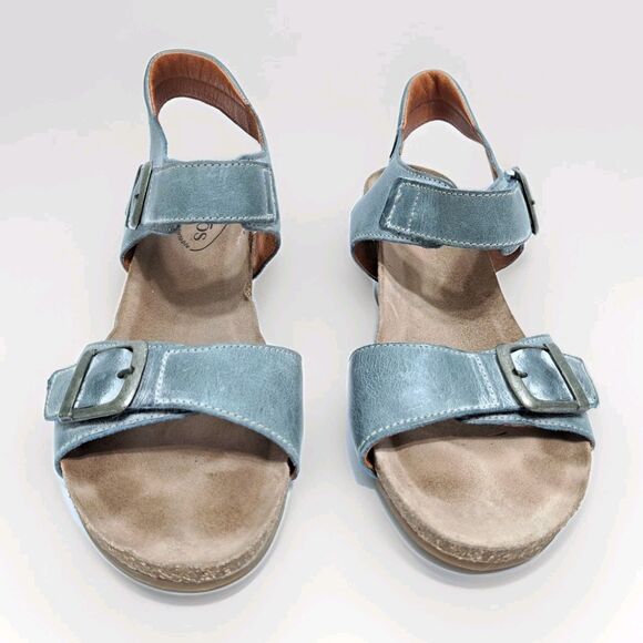 Taos Womens 8-8.5 Buckle Up Wedge Sandals Turquoise Blue Ankle Strap Heels - Picture 6 of 10